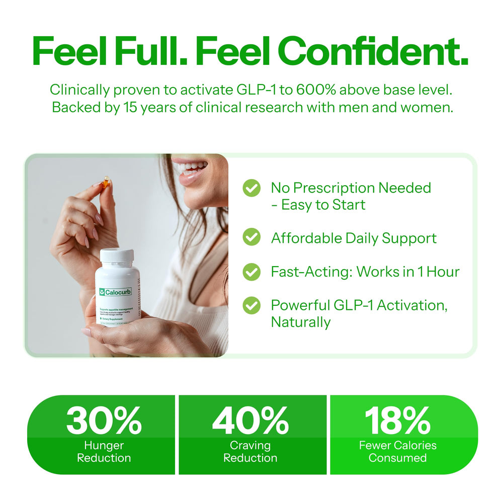 Calocurb bottle label close-up highlighting Amarasate ingredient and natural formula benefits