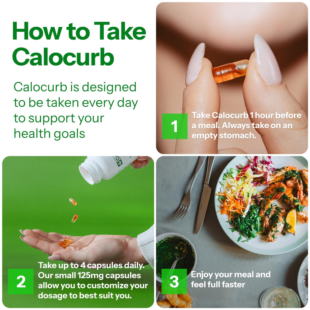 Calocurb bottle on a breakfast table suggesting meal-time support and portion control