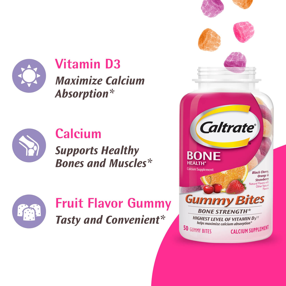 Three Caltrate gummy flavors displayed to show variety and enjoyable taste