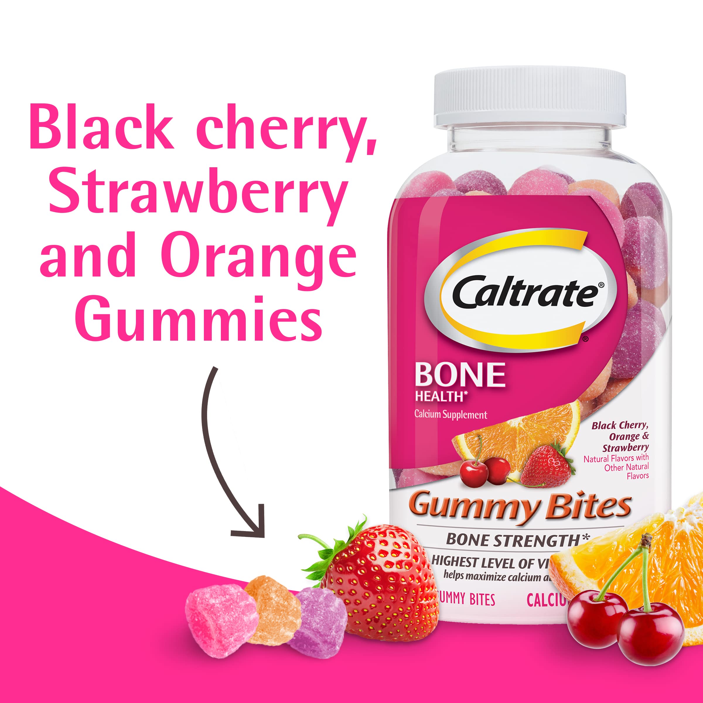 Caltrate open bottle with assorted gummies visible for convenient daily use
