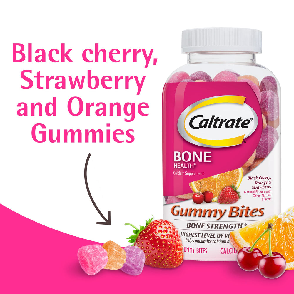 Caltrate open bottle with assorted gummies visible for convenient daily use