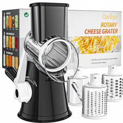 Cambom front view of rotary grater showing sleek black design and stability
