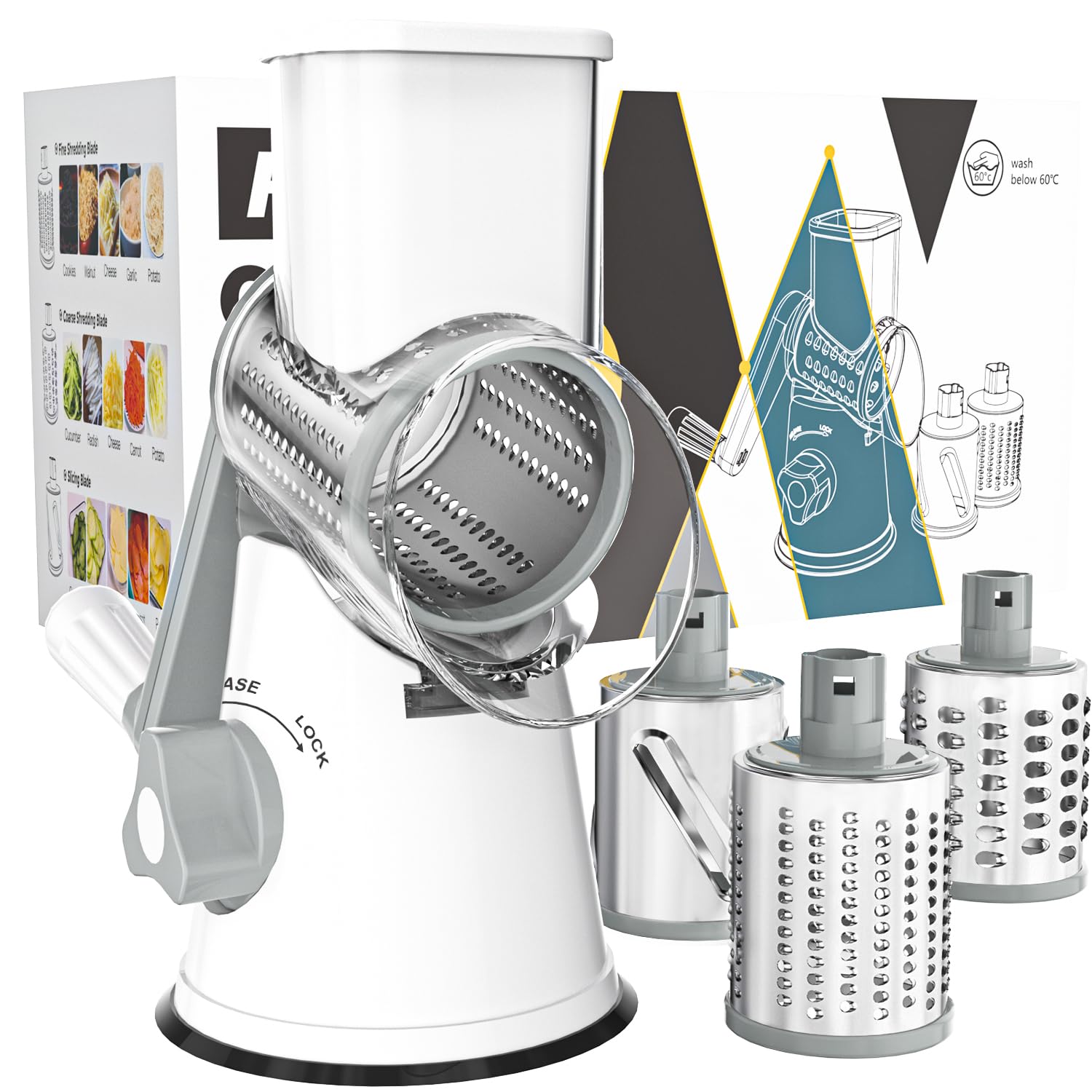 Cambom front view showing full white rotary cheese grater and handle benefit fast shredding