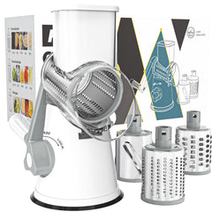 Cambom front view showing full white rotary cheese grater and handle benefit fast shredding