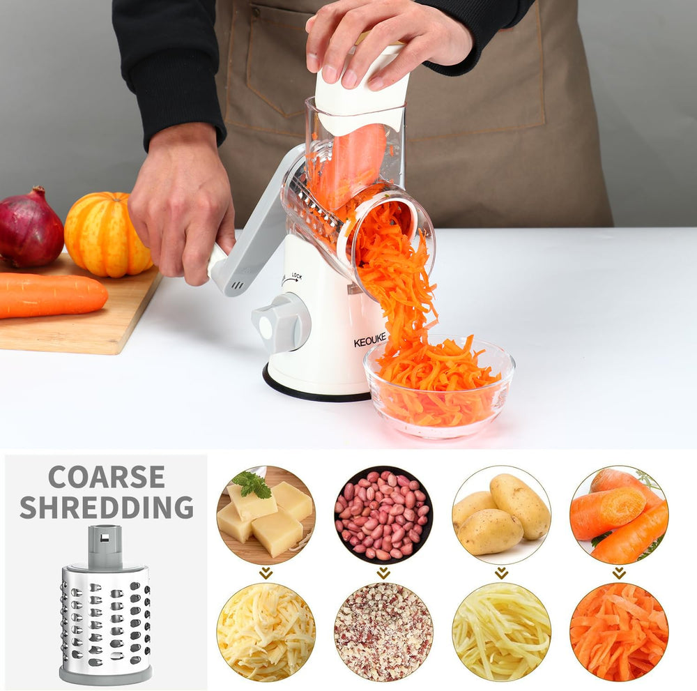 Cambom three stainless-steel drums displayed for coarse, fine, and slicing benefits