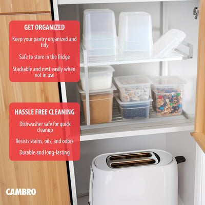 Cambro containers being moved between fridge and microwave for convenience