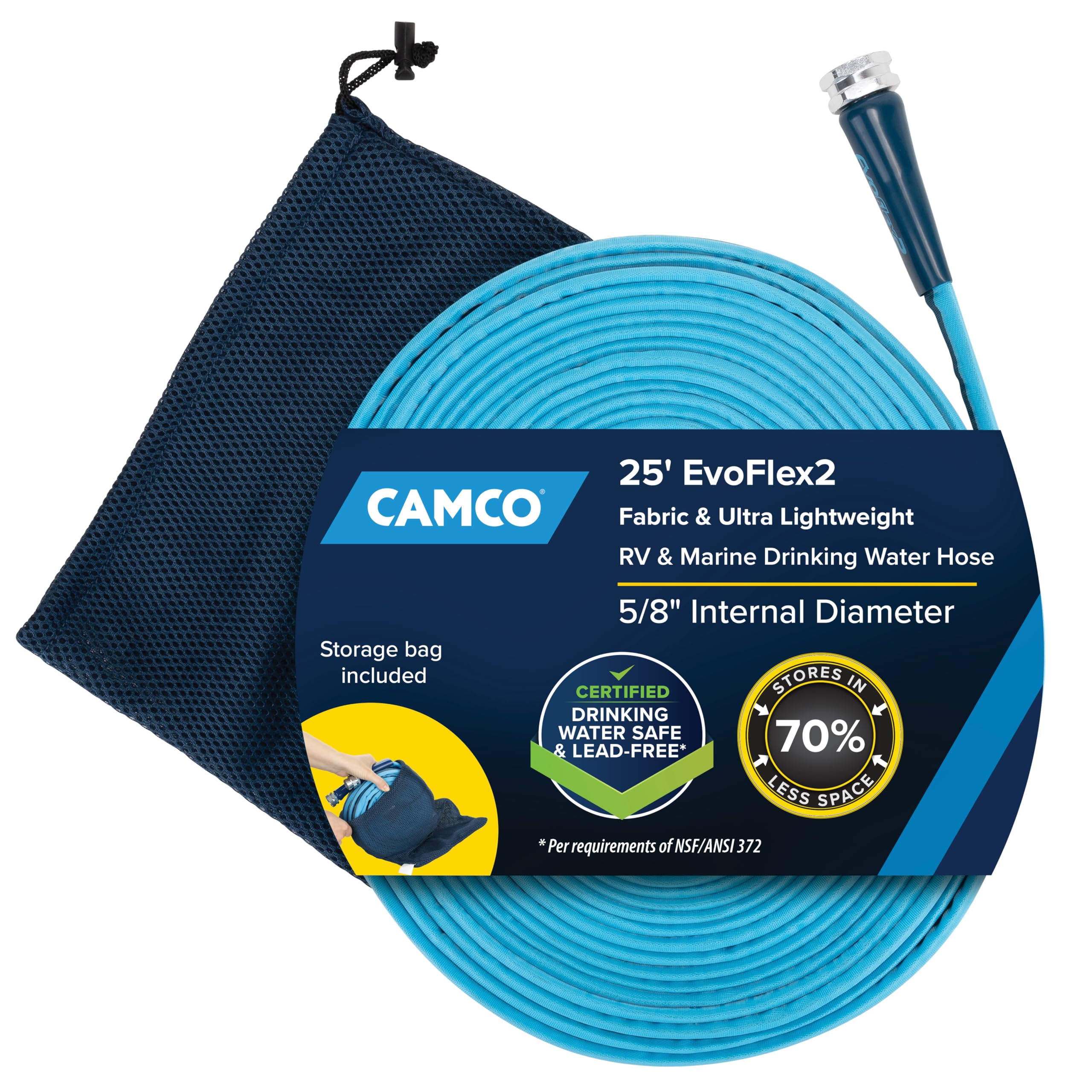 Camco EvoFlex2 frente del empaque mostrando la manguera y beneficios de potable