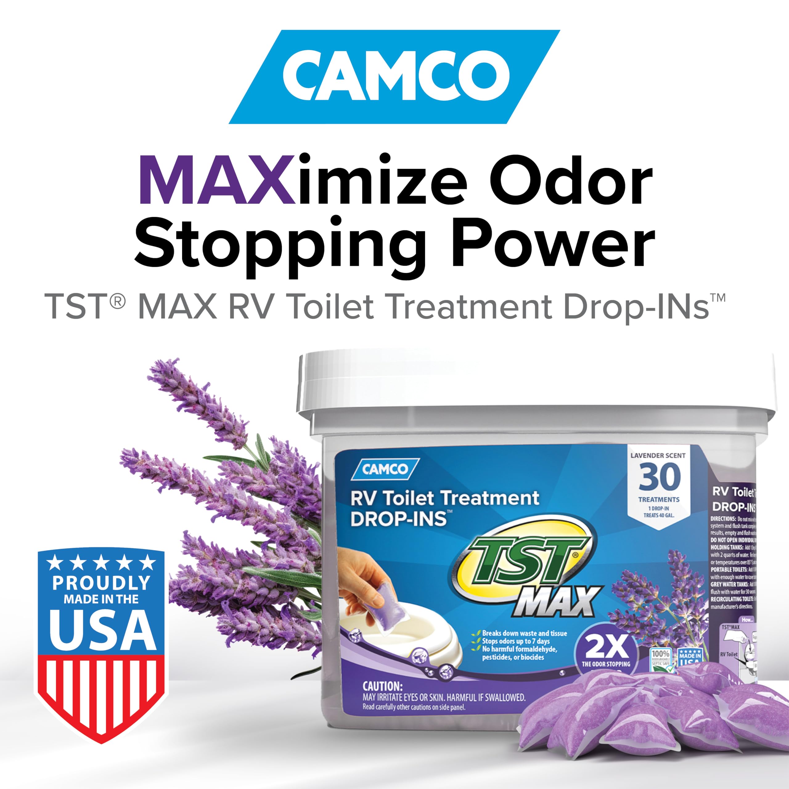 Camco pastilla TST MAX en primer plano detalle y textura efectiva