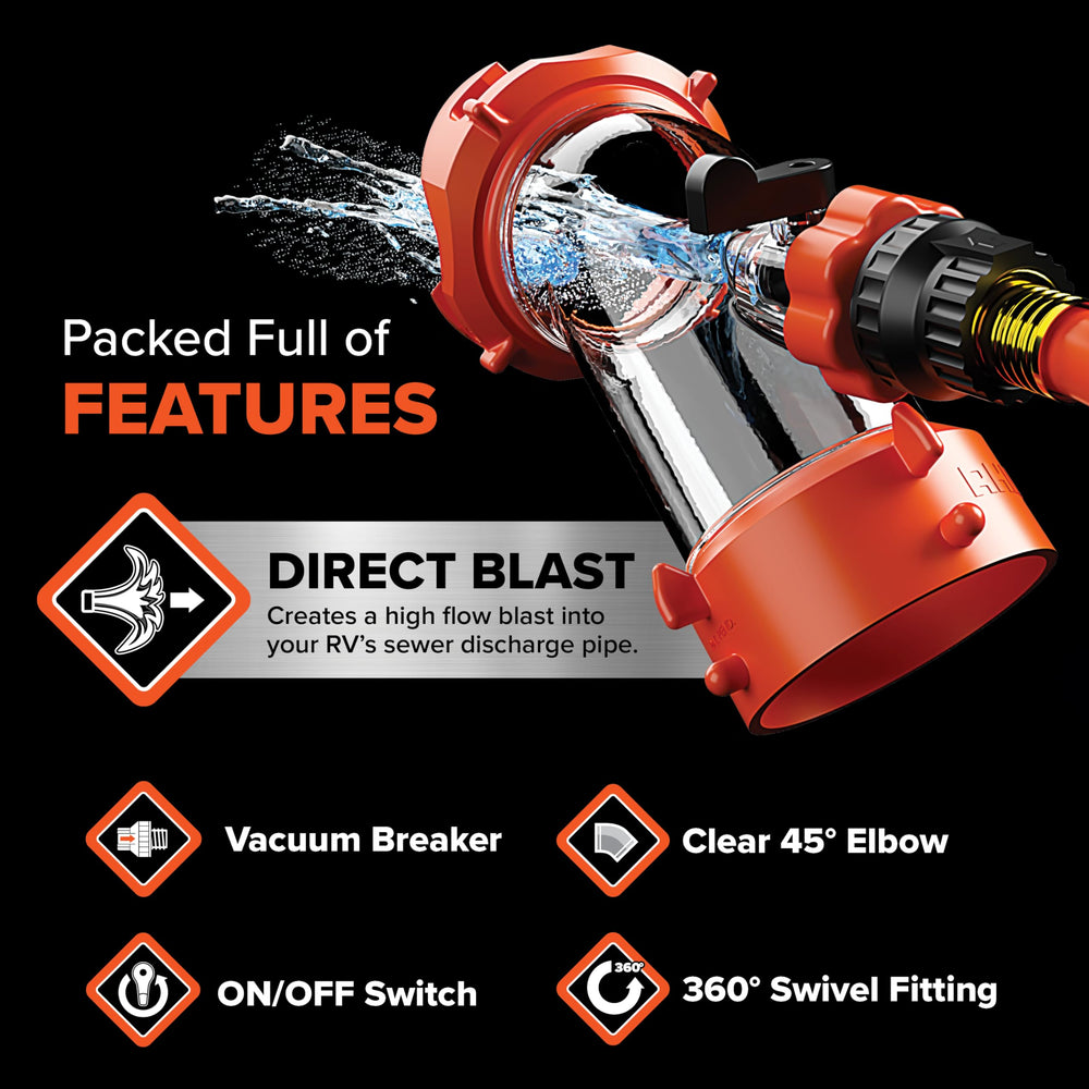 Camco Rhino Blaster bayonet and lug fittings for quick secure sewer hookup
