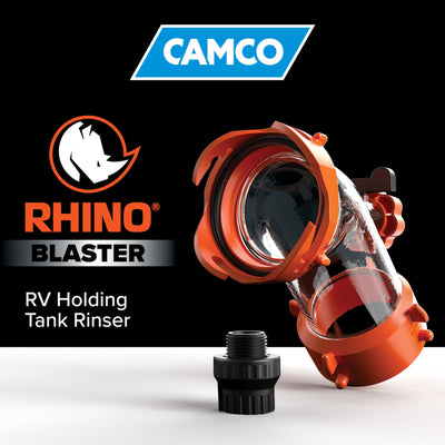 Camco Rhino Blaster in use at an RV dump station for easier cleaning