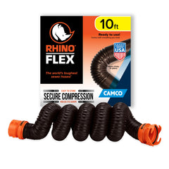 Camco RhinoFLEX front view showing full 10ft hose and connectors for better reach