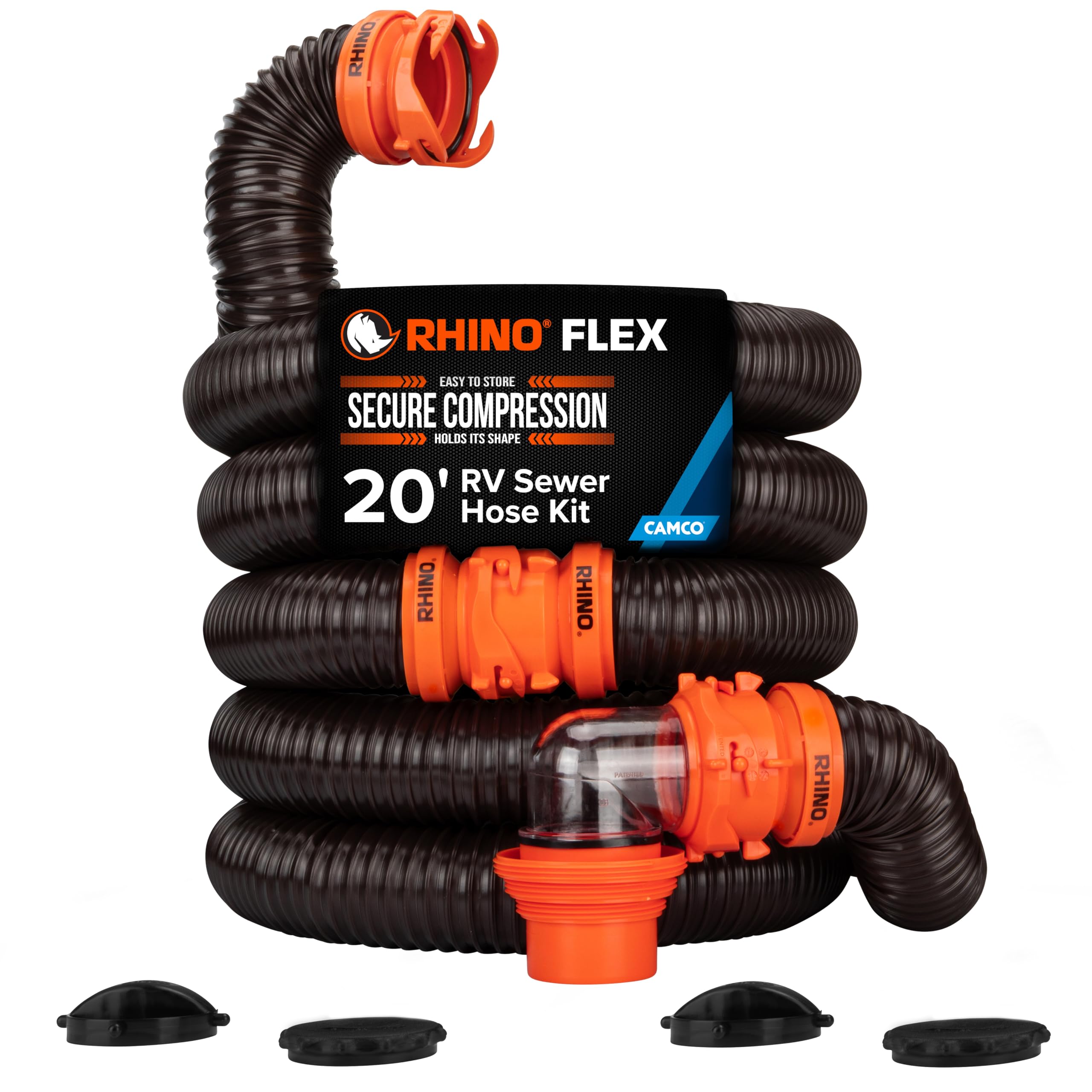 Camco empaque frontal del kit RhinoFLEX mostrando componentes y beneficios