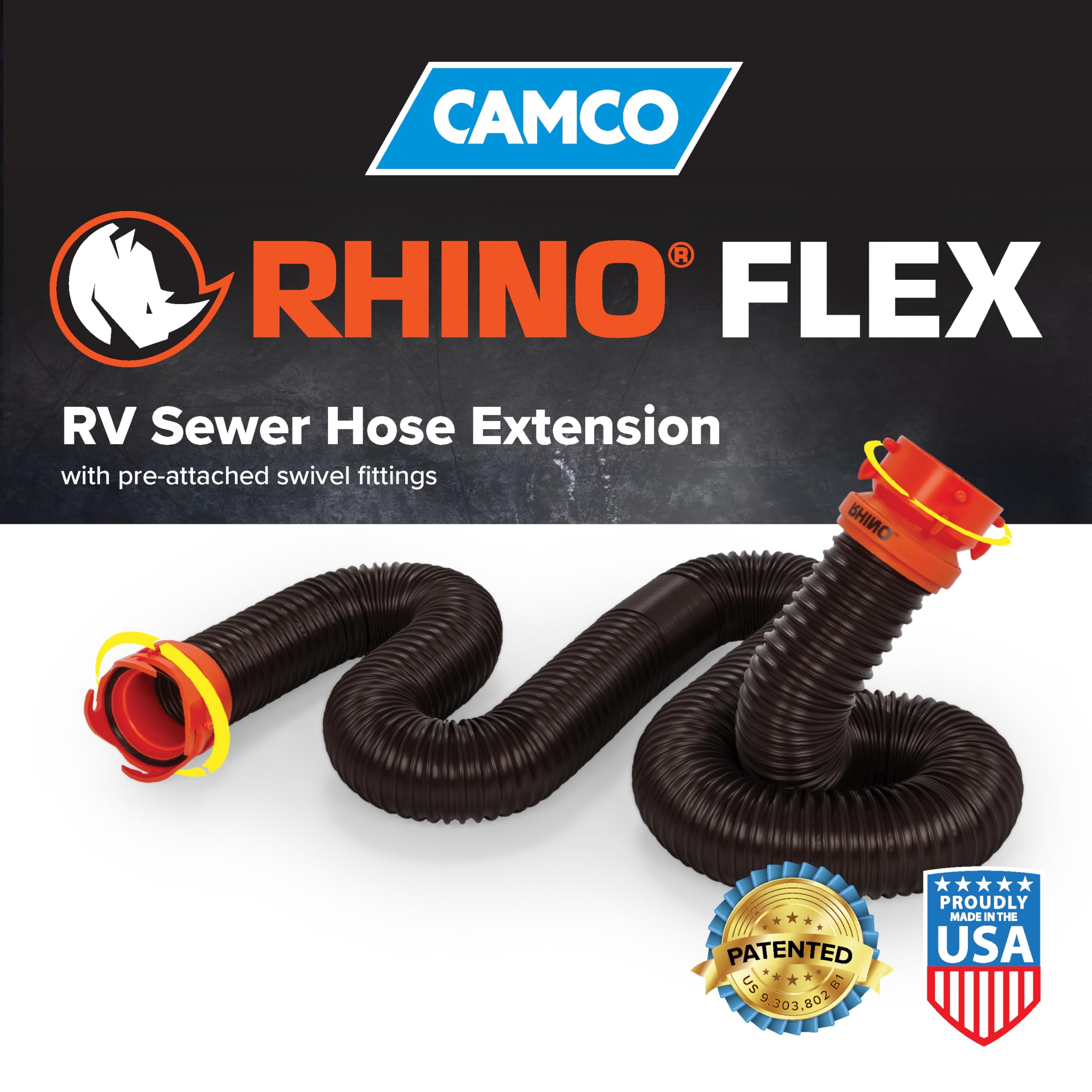 Camco RhinoFLEX scale comparison beside an RV bumper showing storage compatibility