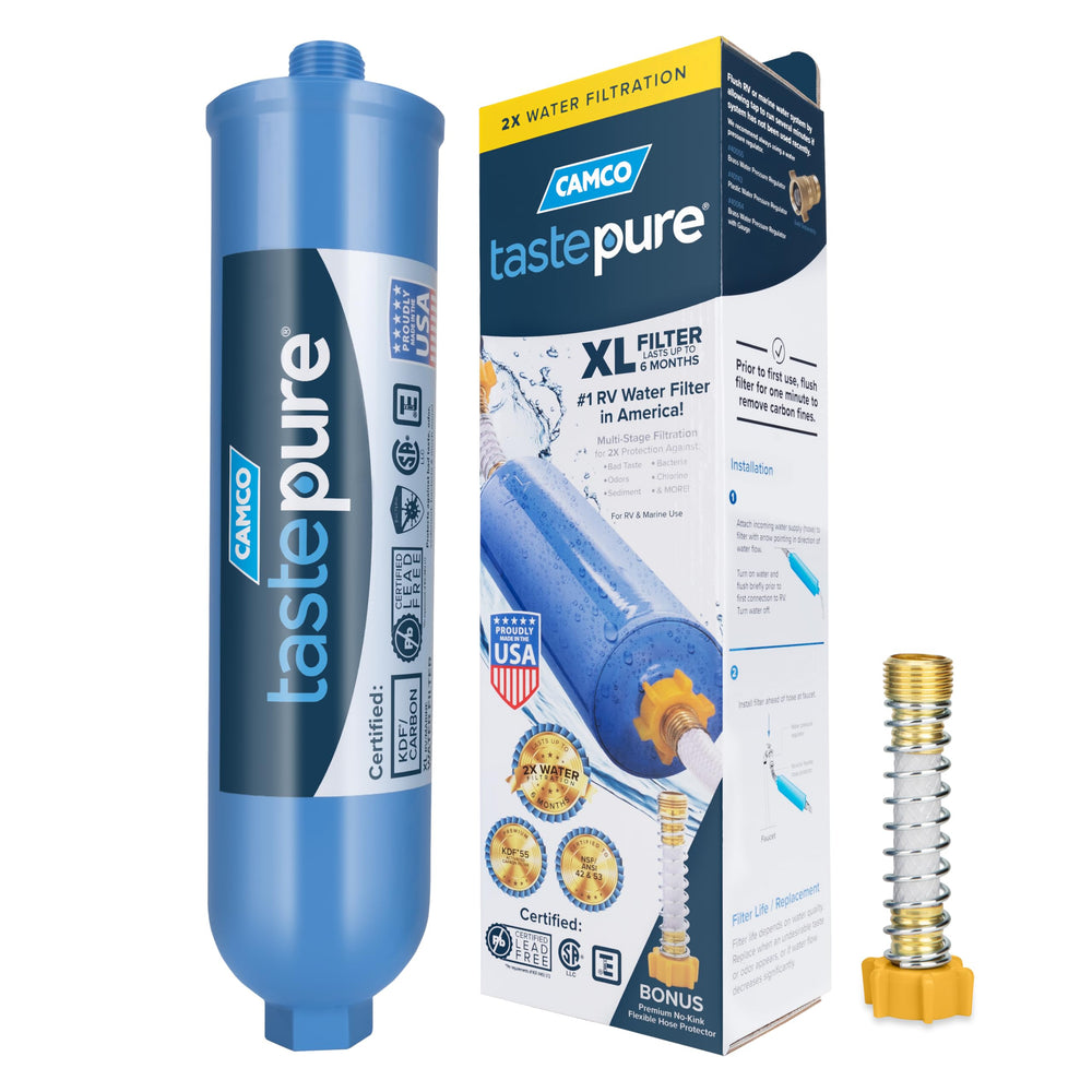 Camco Tastepure XL front view showing wide-body filter and benefits
