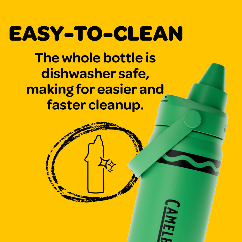 CamelBak Crayola botella abierta mostrando boca amplia para limpieza fácil