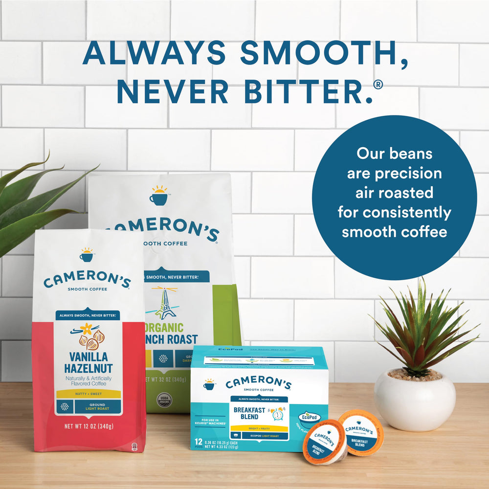 Cameron's Coffee pack de seis cajas apiladas, cantidad para consumo prolongado
