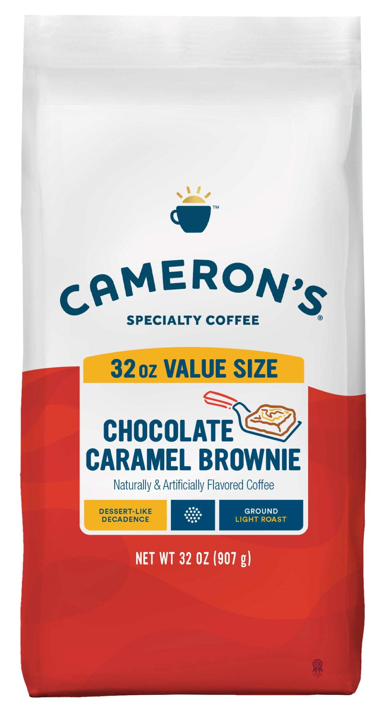 Cameron's Coffee frente del empaque mostrando sabor brownie y beneficio claridad de marca