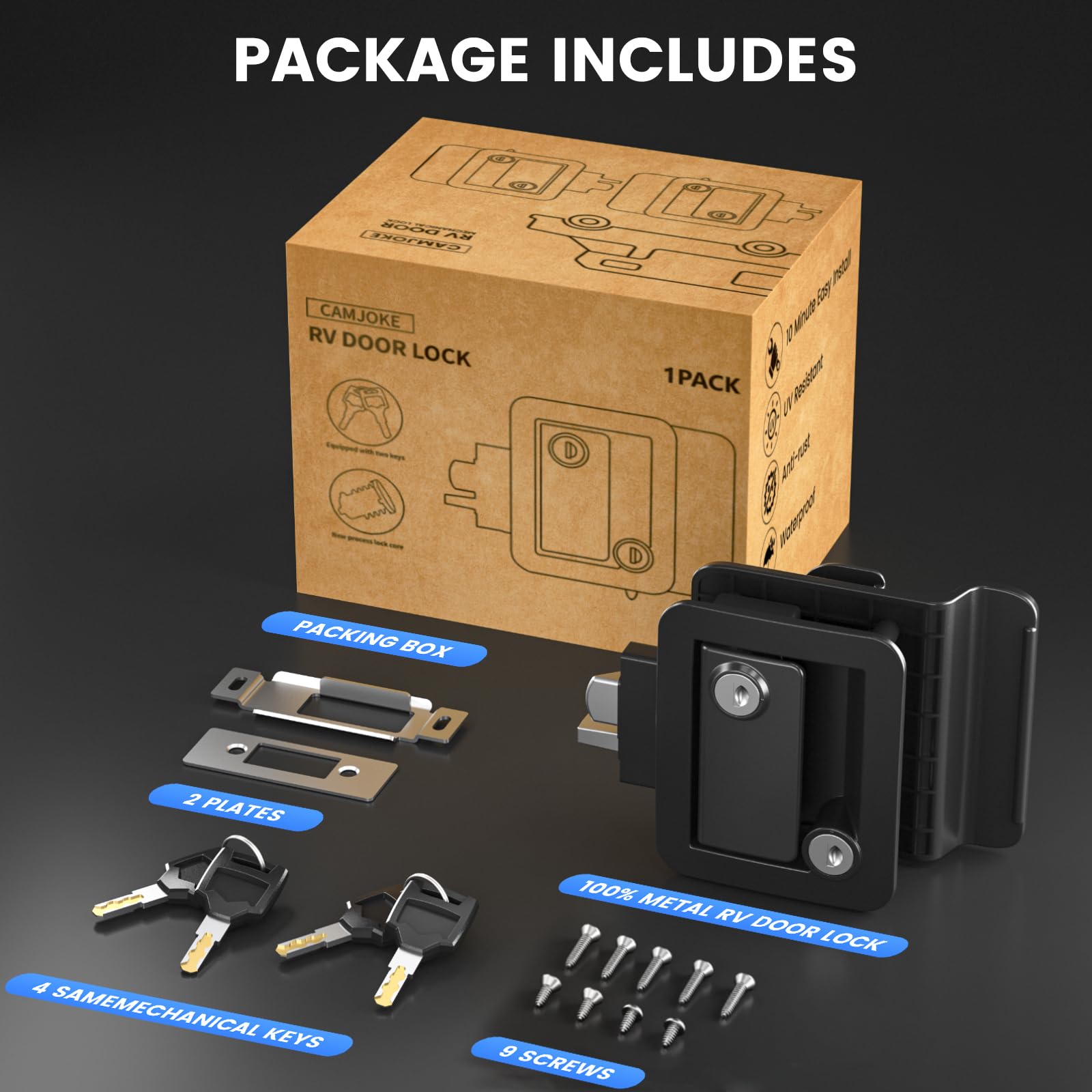 CAMJOKE cerradura junto a cinta métrica mostrando dimensiones exactas