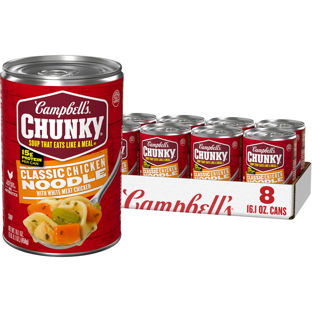 Campbell’s Chunky frente del paquete mostrando ocho latas y conveniencia