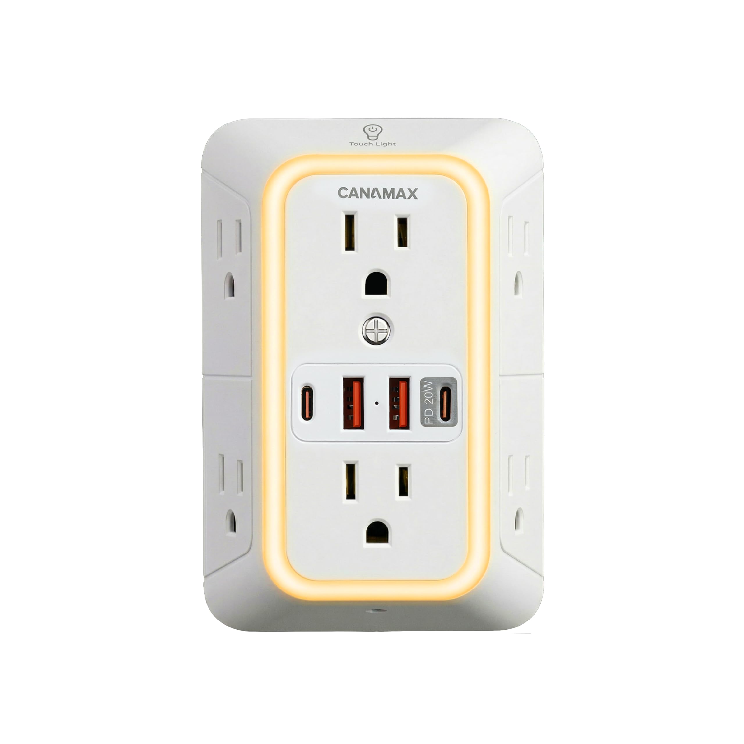 Canamax vista frontal mostrando 6 enchufes y 4 puertos USB, organiza cargas