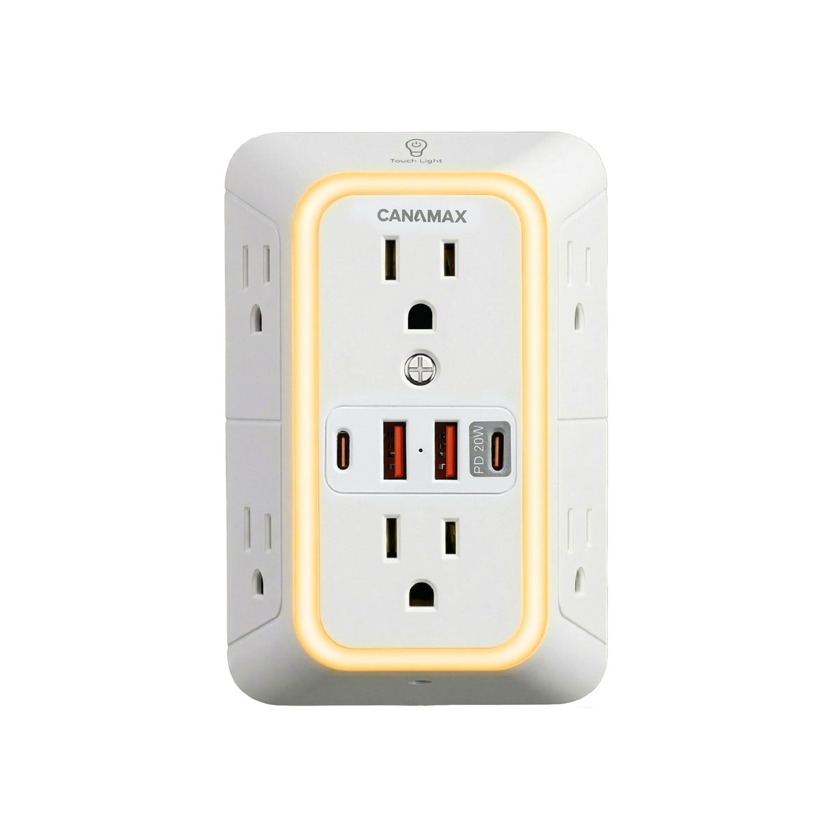 Canamax vista frontal mostrando 6 enchufes y 4 puertos USB, organiza cargas