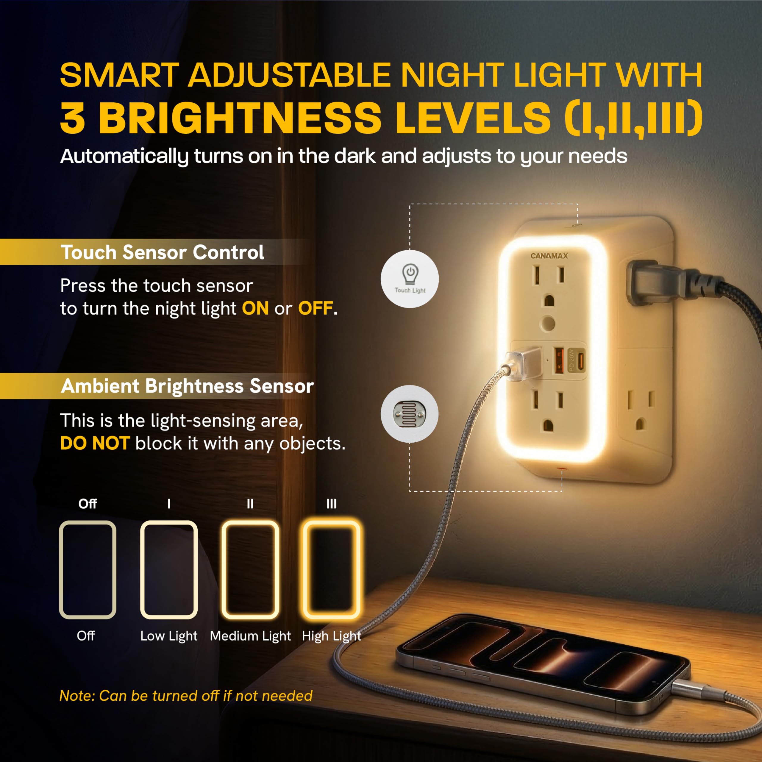 Canamax luz nocturna encendida con brillo ajustable, guía sin deslumbrar