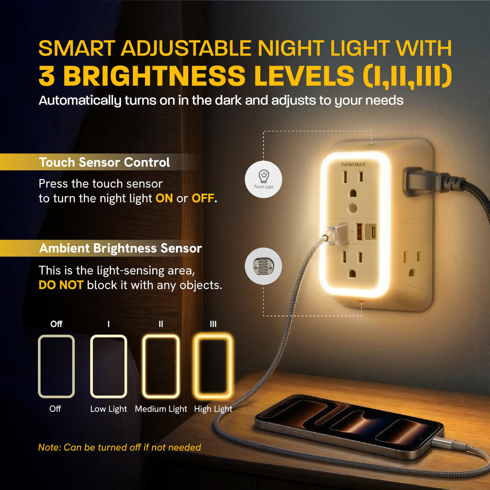 Canamax luz nocturna encendida con brillo ajustable, guía sin deslumbrar