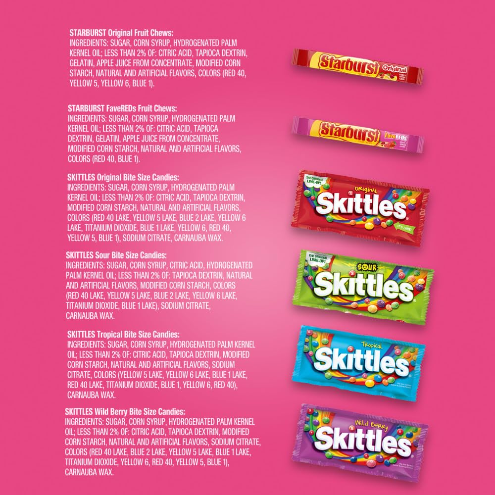 Candy bowl filled for a party with SKITTLES and STARBURST offering variety to guests