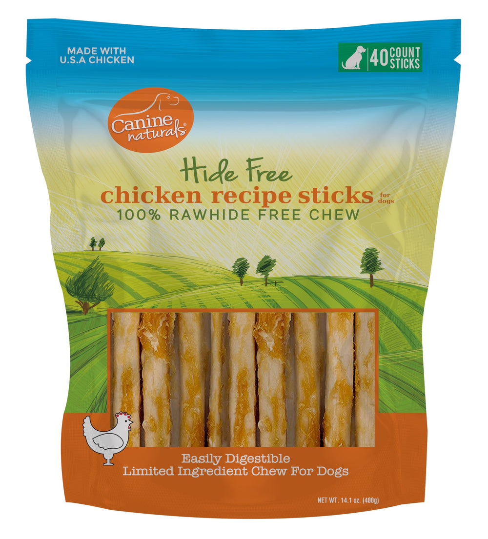 Canine Naturals front packaging showing 40-count chicken sticks and benefits