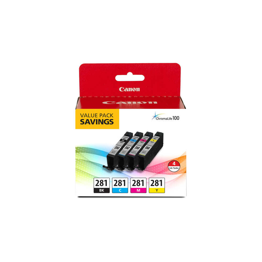 Canon CLI-281 paquete frontal mostrando colores claros y beneficios de vibrancia