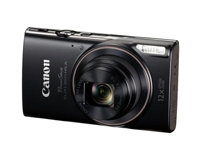 Canon PowerShot ELPH 360 HS held in hand to show pocketable scale and portability