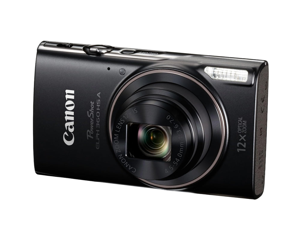 Canon PowerShot ELPH 360 HS held in hand to show pocketable scale and portability