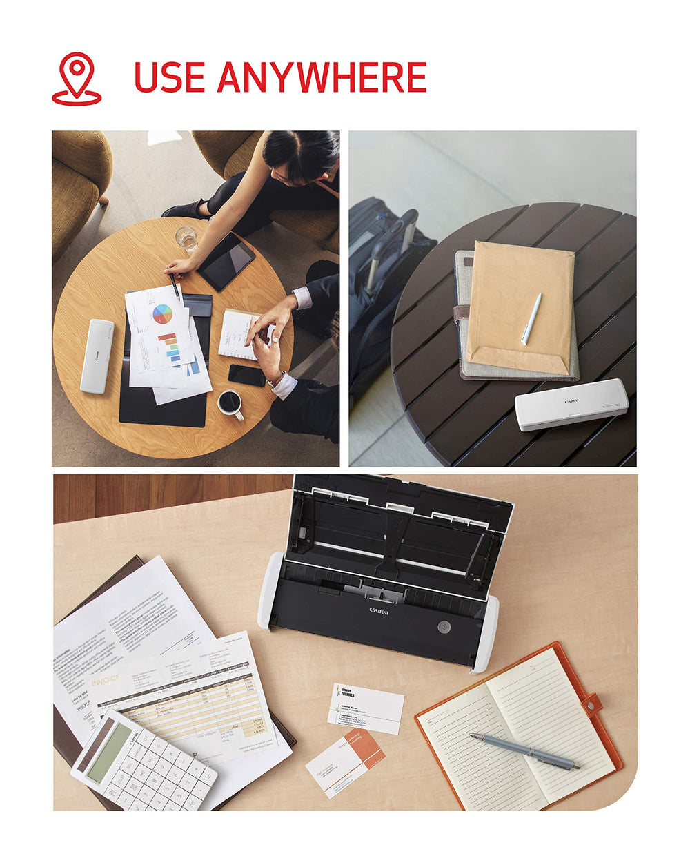 Canon imageFORMULA R10 scanning business card and receipt demonstrating versatile media handling