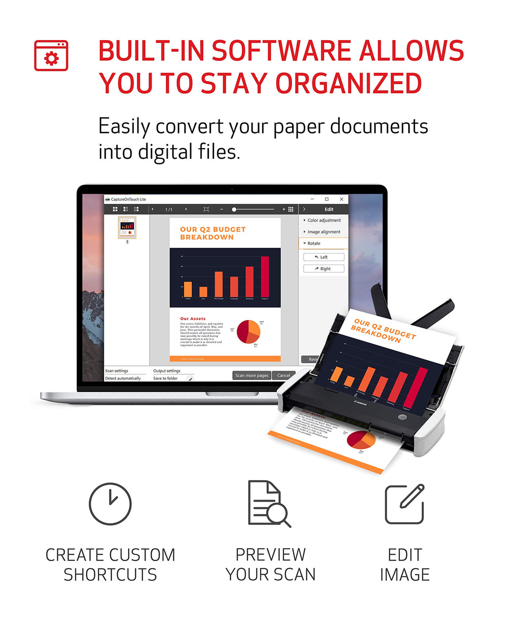 Canon imageFORMULA R10 on a travel desk highlighting portability and on-site scanning