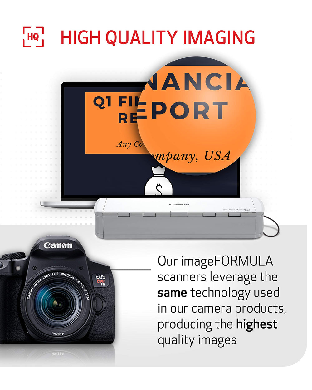 Canon imageFORMULA R10 beside laptop to show small footprint for mobile workflows