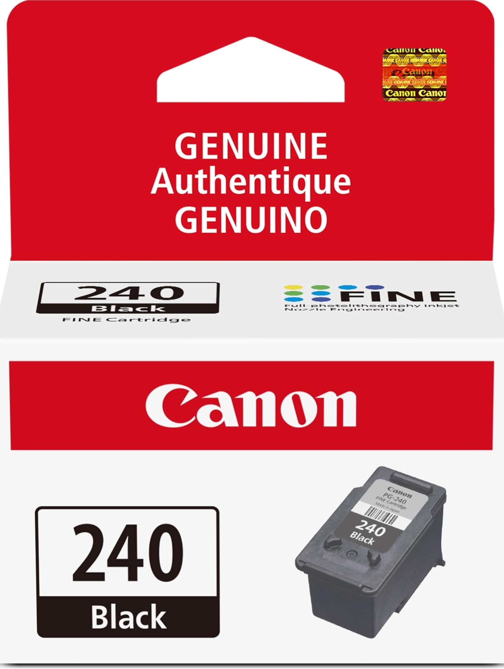 Cartucho Canon PG-240 frontal mostrando diseño y compatibilidad, calidad garantizada
