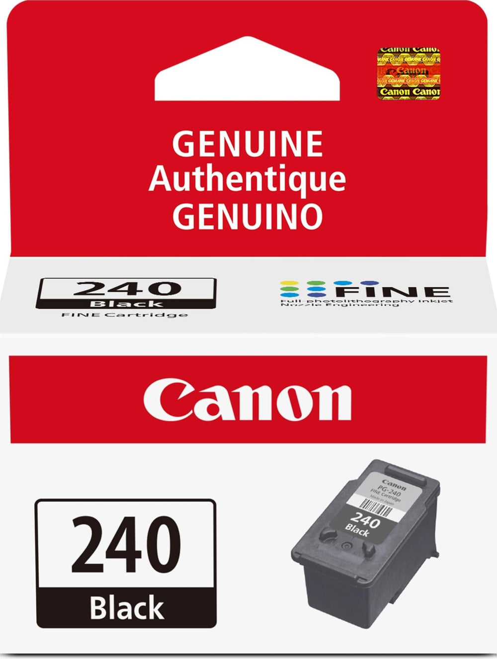 Cartucho Canon PG-240 frontal mostrando diseño y compatibilidad, calidad garantizada