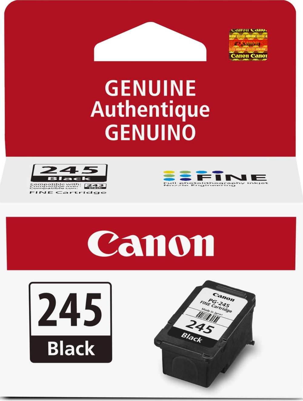 Canon cartucho PG-245 frontal mostrando embalaje y garantía de calidad