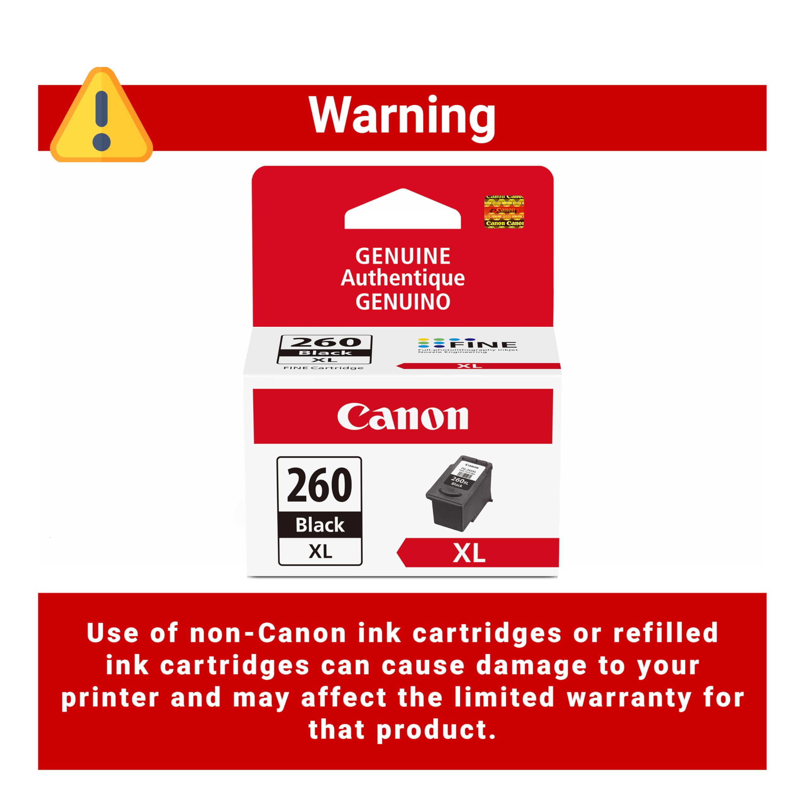 Canon PG-260 XL junto a una mano para comparar tamaño y capacidad XL