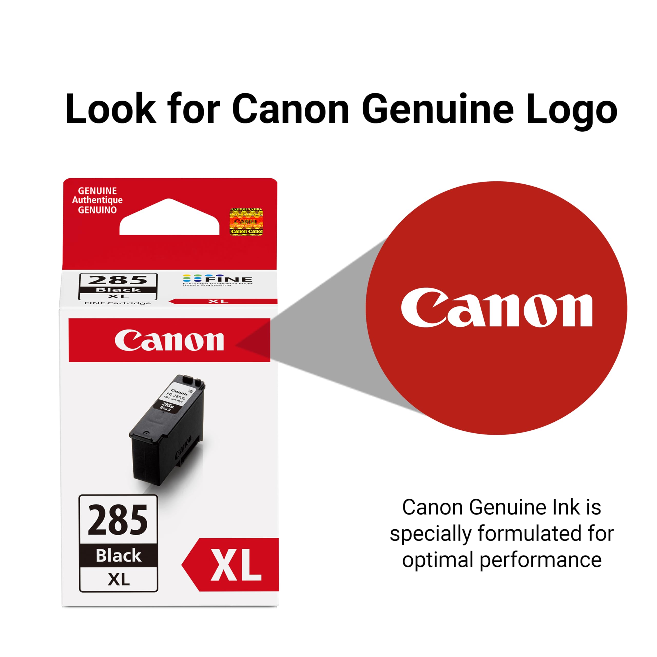 Canon PG-285 XL cerca de boquillas FINE mostrando precisión, mejora la nitidez de texto y fotos