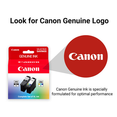 Canon close-up of PG-295XL black cartridge demonstrating crisp document printing