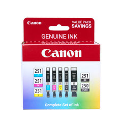 Canon pack frontal mostrando los cinco cartuchos y beneficios de reemplazo completo