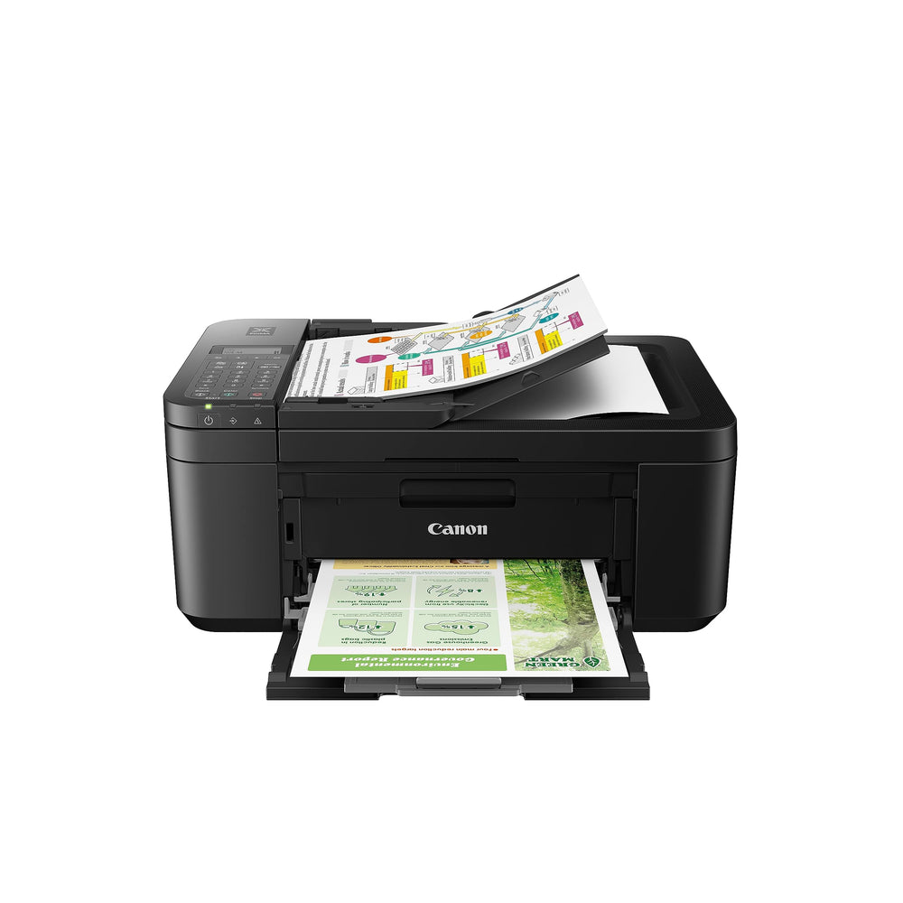 Canon PIXMA TR4720 vista frontal compacta con bandeja cerrada y ahorro de espacio