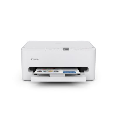 Canon PIXMA TS6520 vista frontal mostrando bandeja y diseño compacto, ahorro de espacio