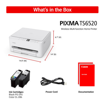 Canon PIXMA TS6520 junto a una laptop para comparar tamaño, ocupa poco espacio