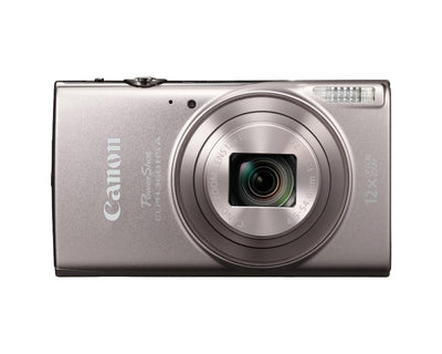 Canon PowerShot ELPH 360 HS front view showing sleek silver body and lens, ideal for travel