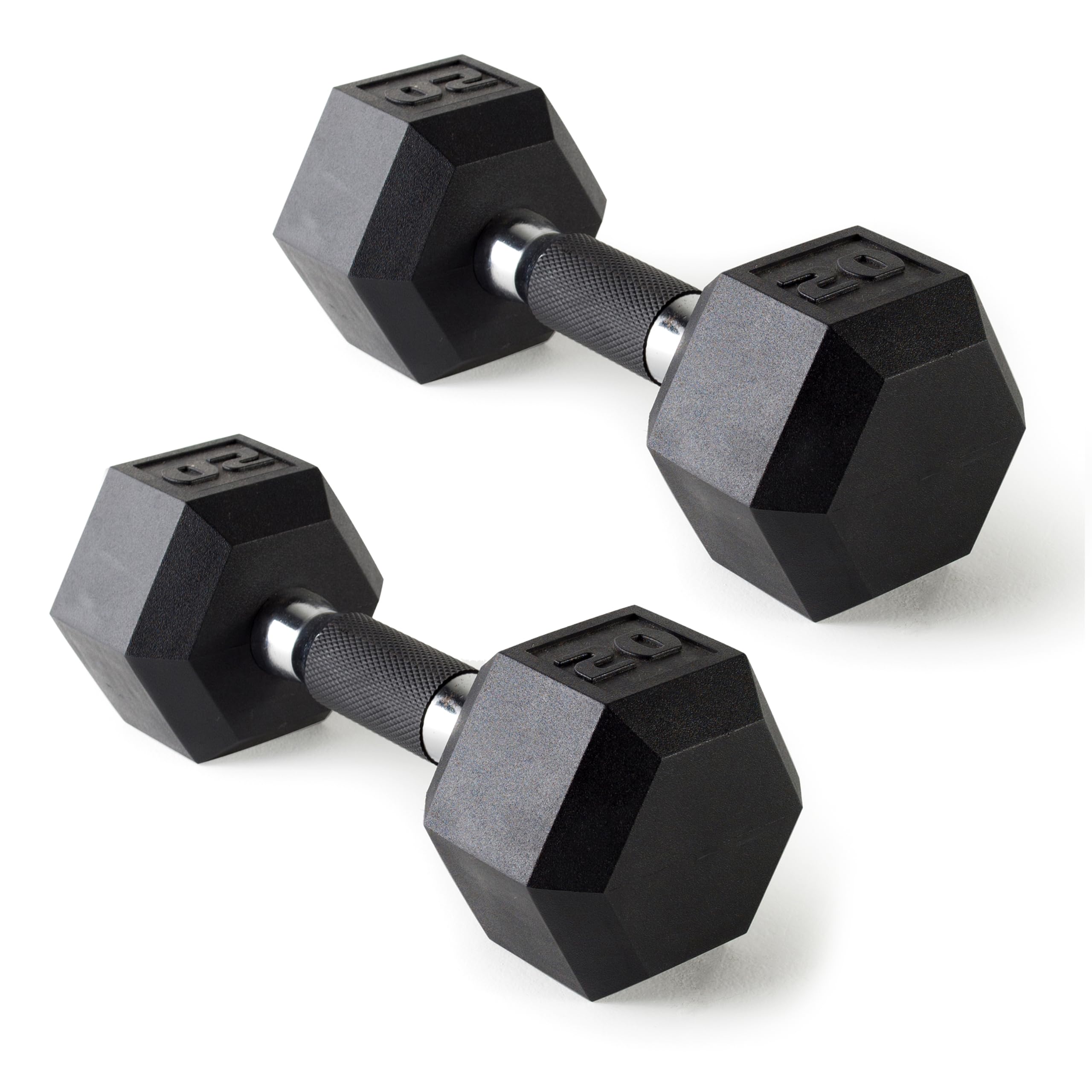 CAP 20lb dumbbell front view showing hex heads and coating, protects floors