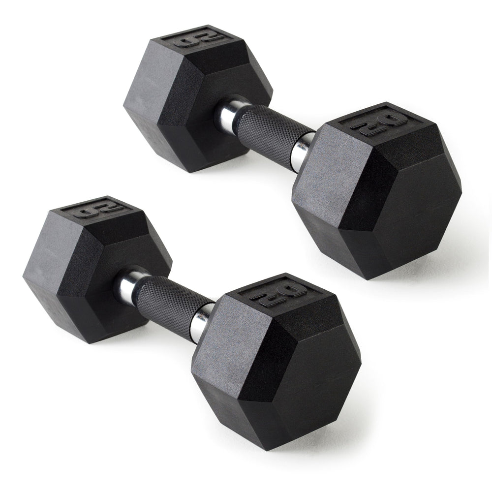 CAP 20lb dumbbell front view showing hex heads and coating, protects floors