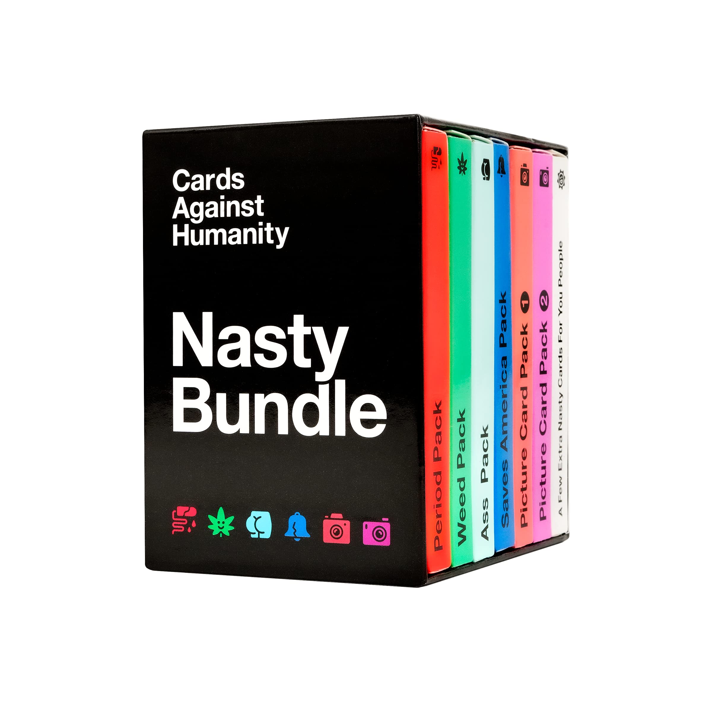 Cards Against Humanity pack Nasty Bundle frontal con estuche y valor de colección