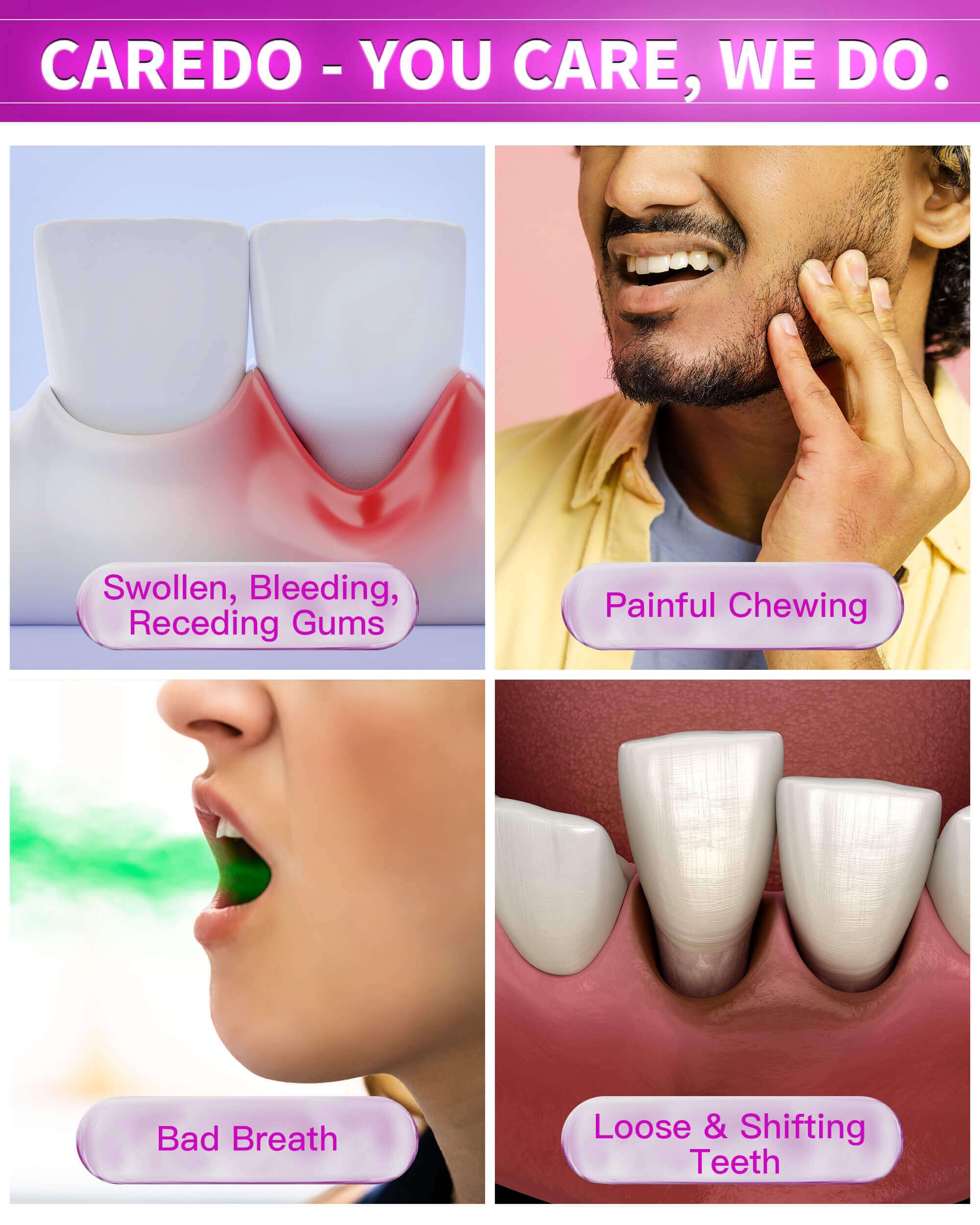 Persona cepillando con CAREDO ilustrando su uso diario y alivio gingival